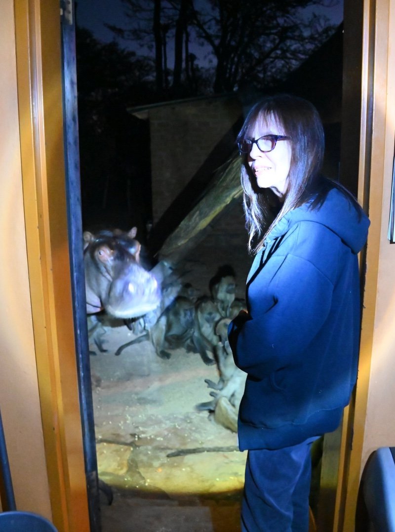 Teresa with Steve hippo at the back door