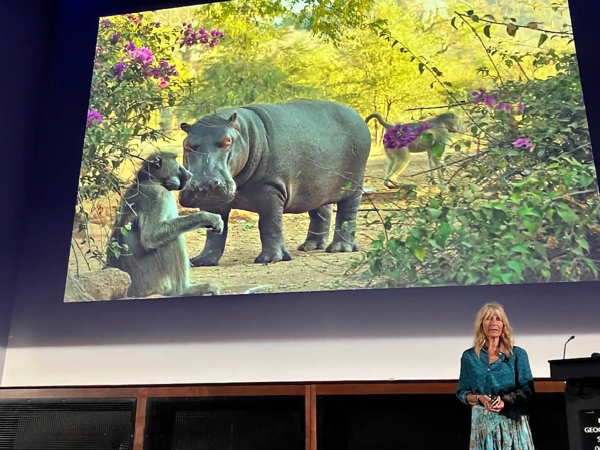 Karen with Steve hippo on screen